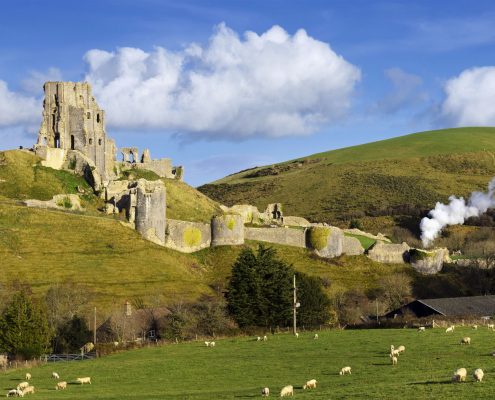 ruins of Corfe Castle near Swanage on the Isle of Purbeck in Dorset.