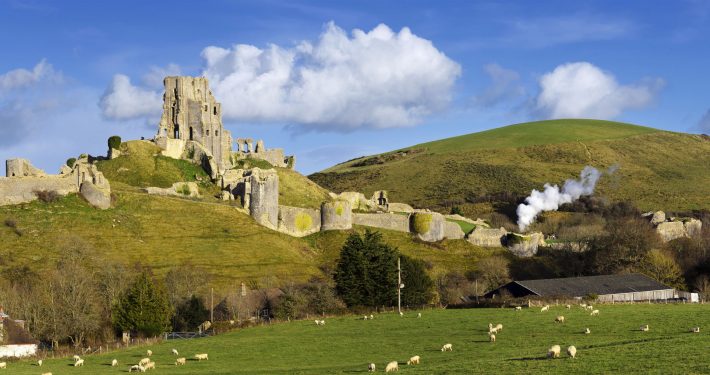 ruins of Corfe Castle near Swanage on the Isle of Purbeck in Dorset.